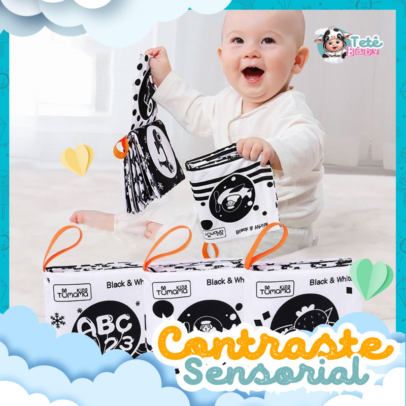 Livro Sensorial de pano alto contrate: preto e branco - Trabalha a visão dos bebês de 0 a 3 meses