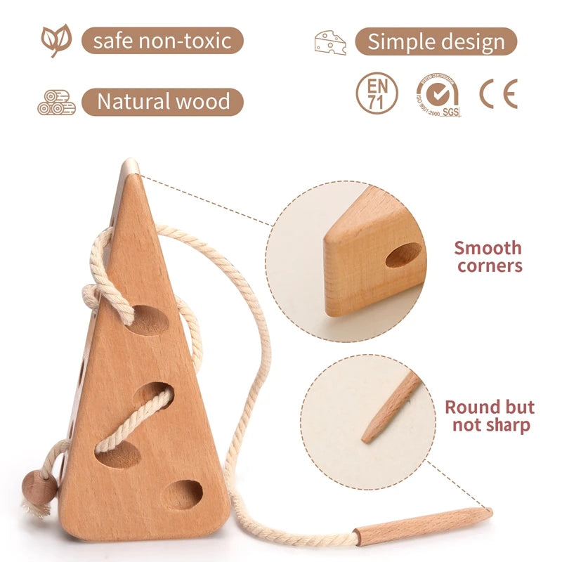 Montessori - Brinquedo de madeira para passar o barbante nos furos estimulando a coordenação motora fina