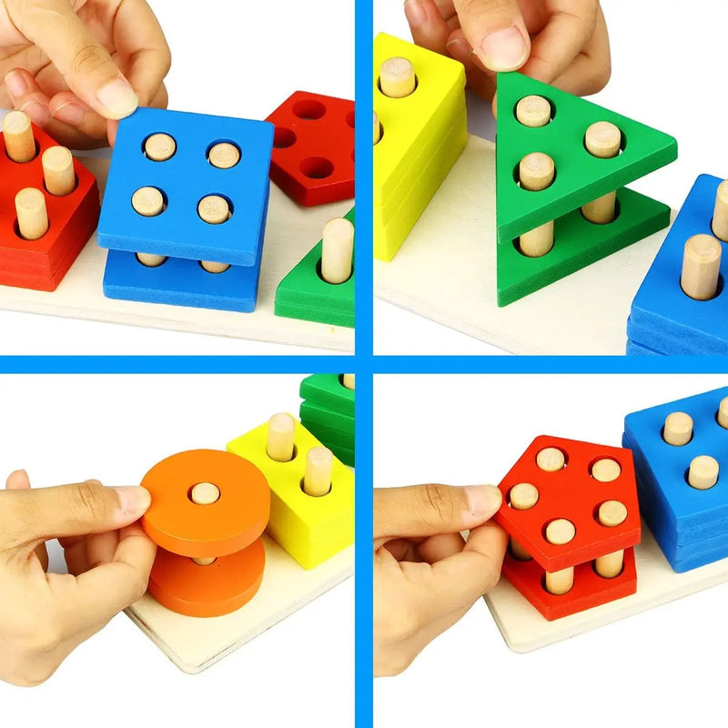 Blocos de madeira para encaixar | Formas Geométricas Montessori - formato e reconhecimento de cores.
