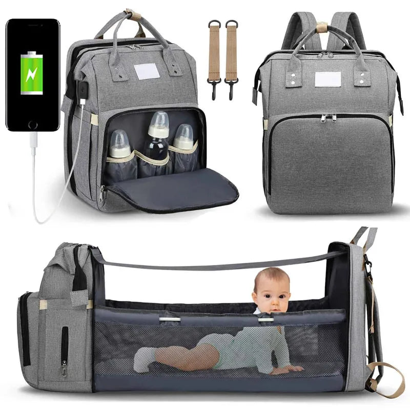 Mala maternidade - Bolsa compacta que vira mini berço portátil com vários bolsos e divisórias.