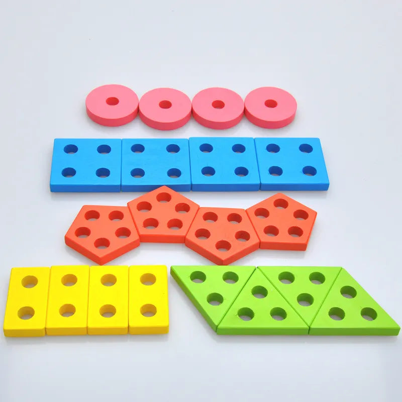Blocos de madeira para encaixar | Formas Geométricas Montessori - formato e reconhecimento de cores.